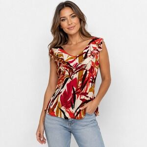 Cato Ruffle V Neck Blouse S Red Orange Tropical Palm Leaf Sleeveless Top
